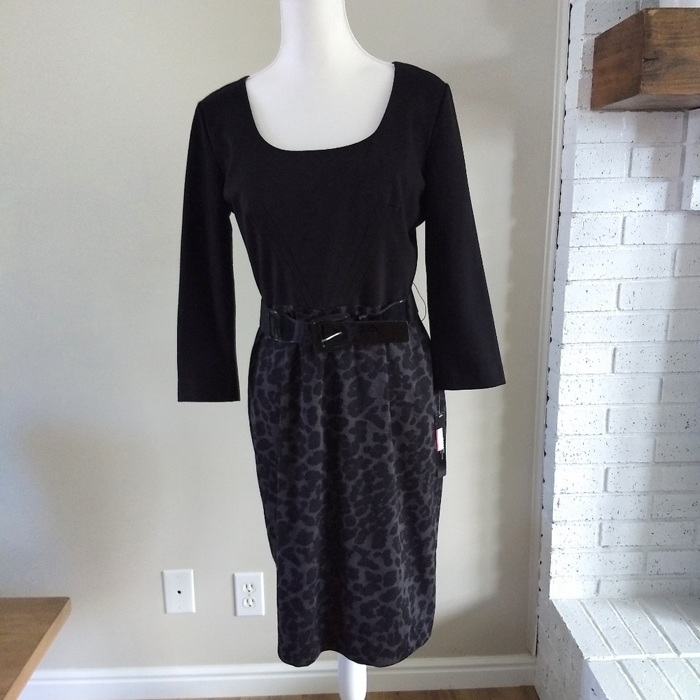 NWT Tahari Black Leopard Sheath Dress, Size 10